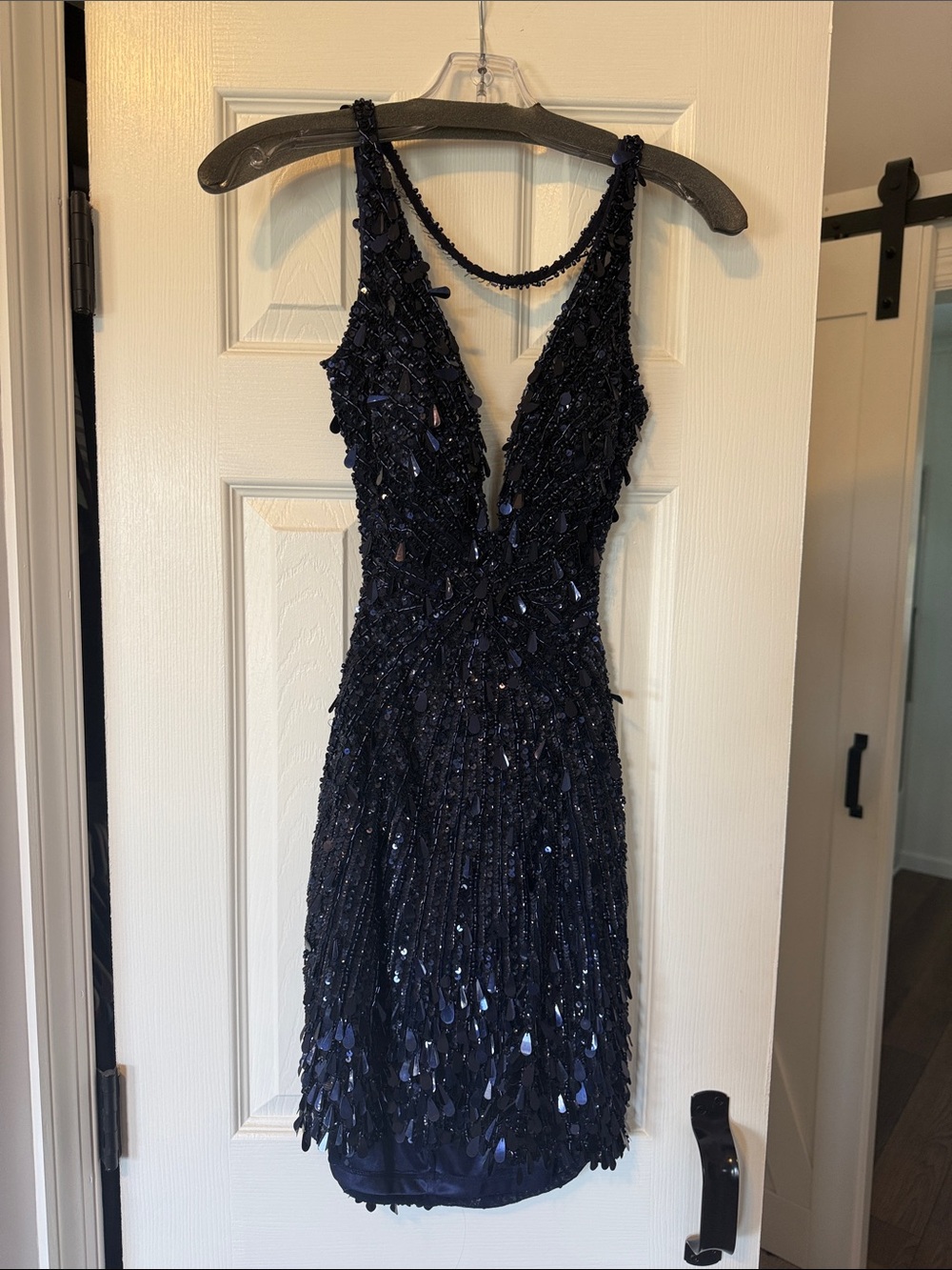 Sherri Hill Navy Beaded Plunging V Mini Dress